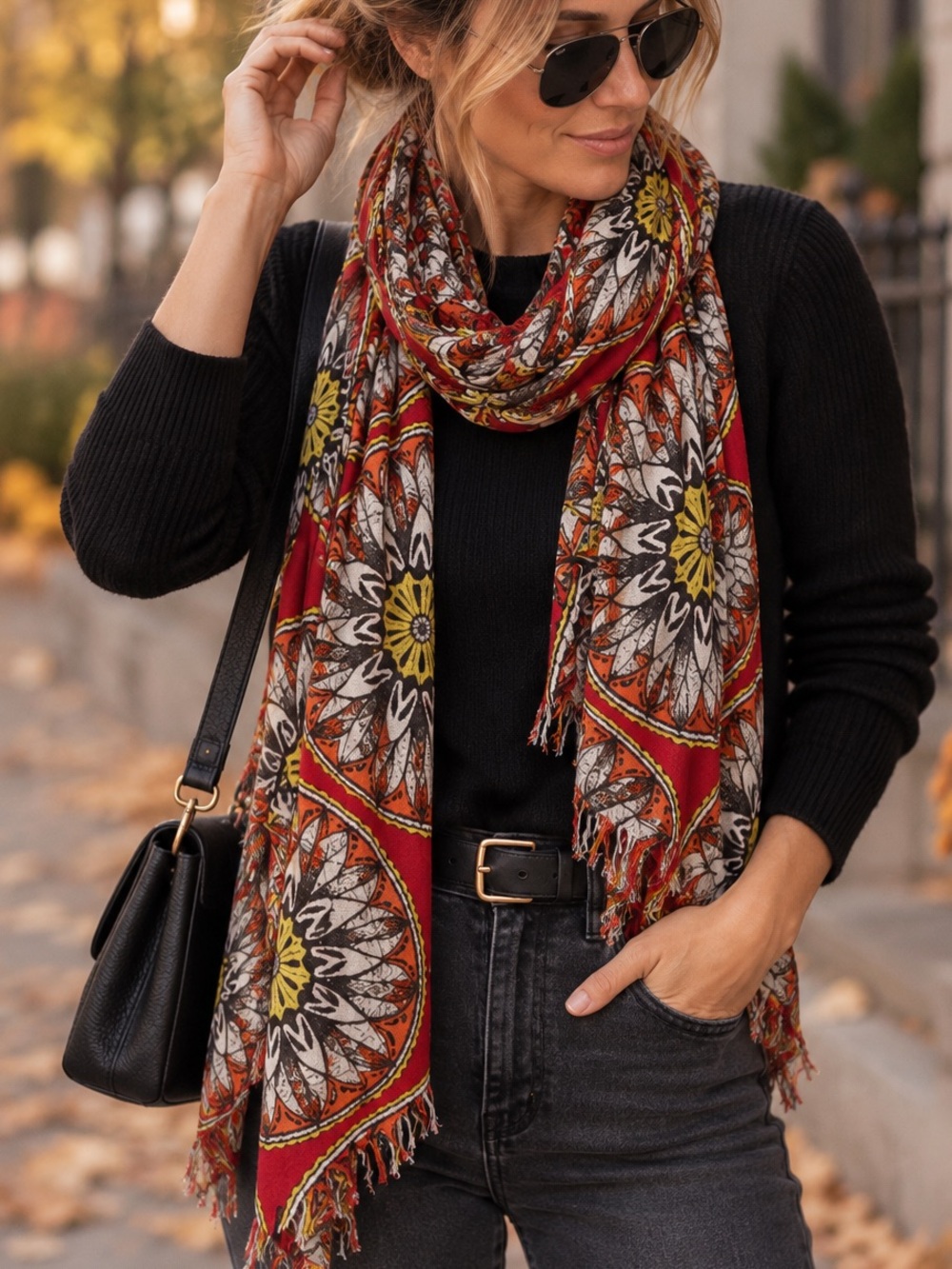 Lightweight Boho Medallion Floral Scarf – Red Orange Yellow